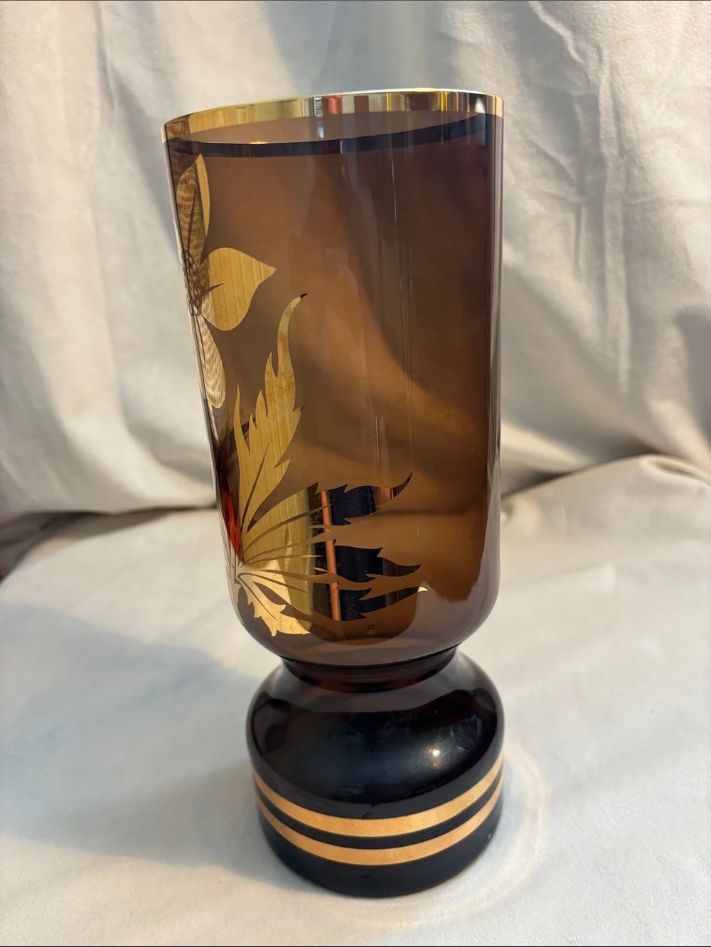 MCM Vase with Gold Floral Detail likely Czech Beautiful Smoky Glass Unique Shape